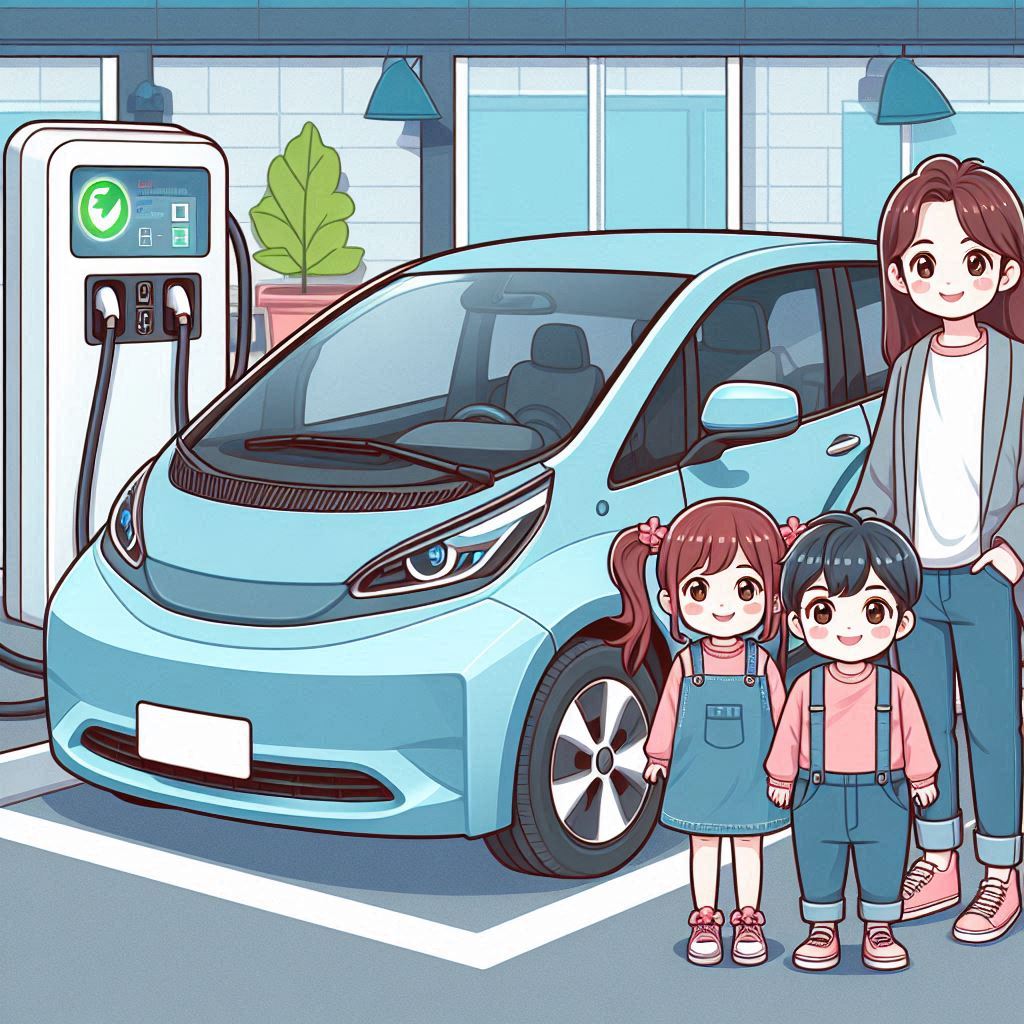 A family electric car charging at a charging station